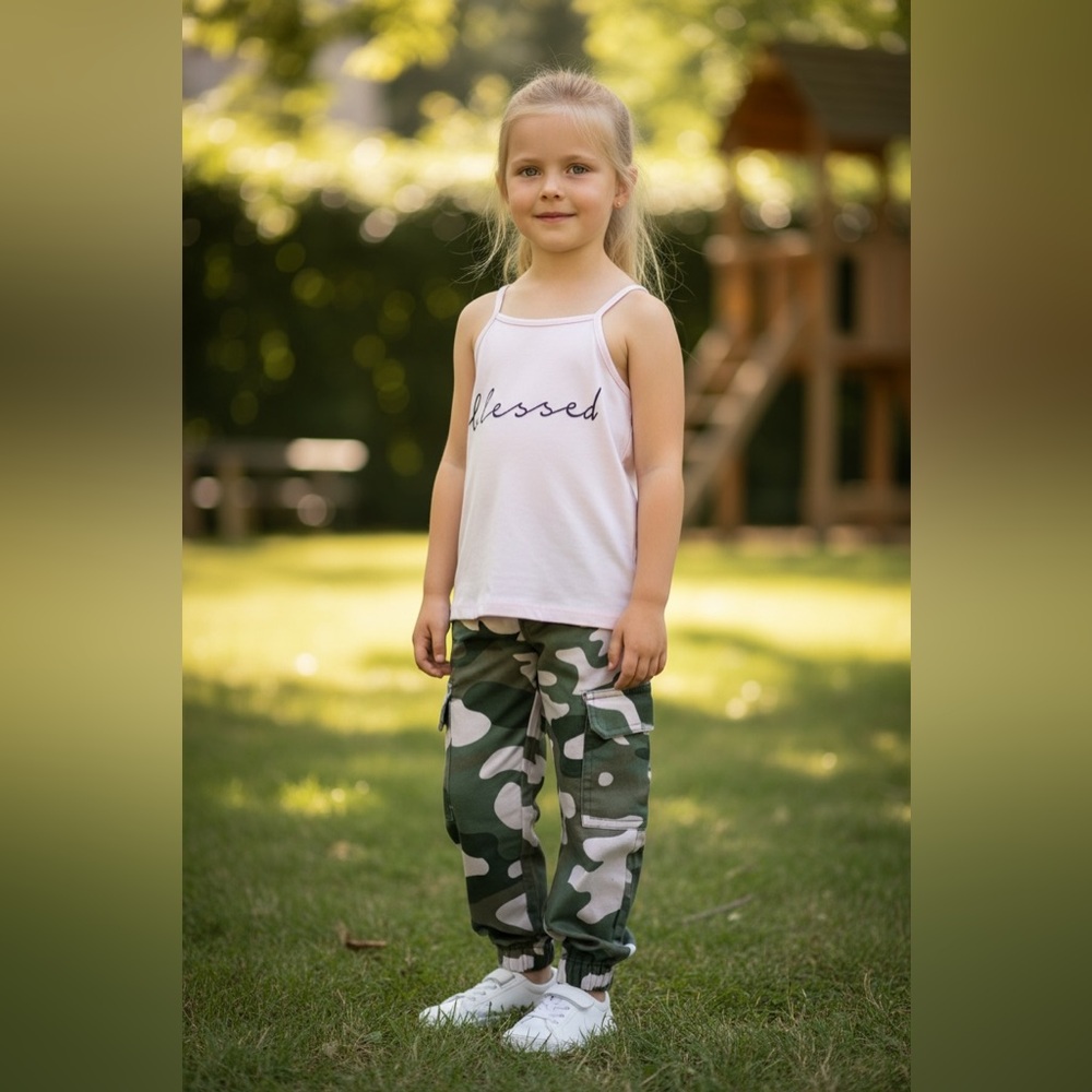 Girls 3T Pink “Blessed” Tank Top & Camo Joggers Outfit Set